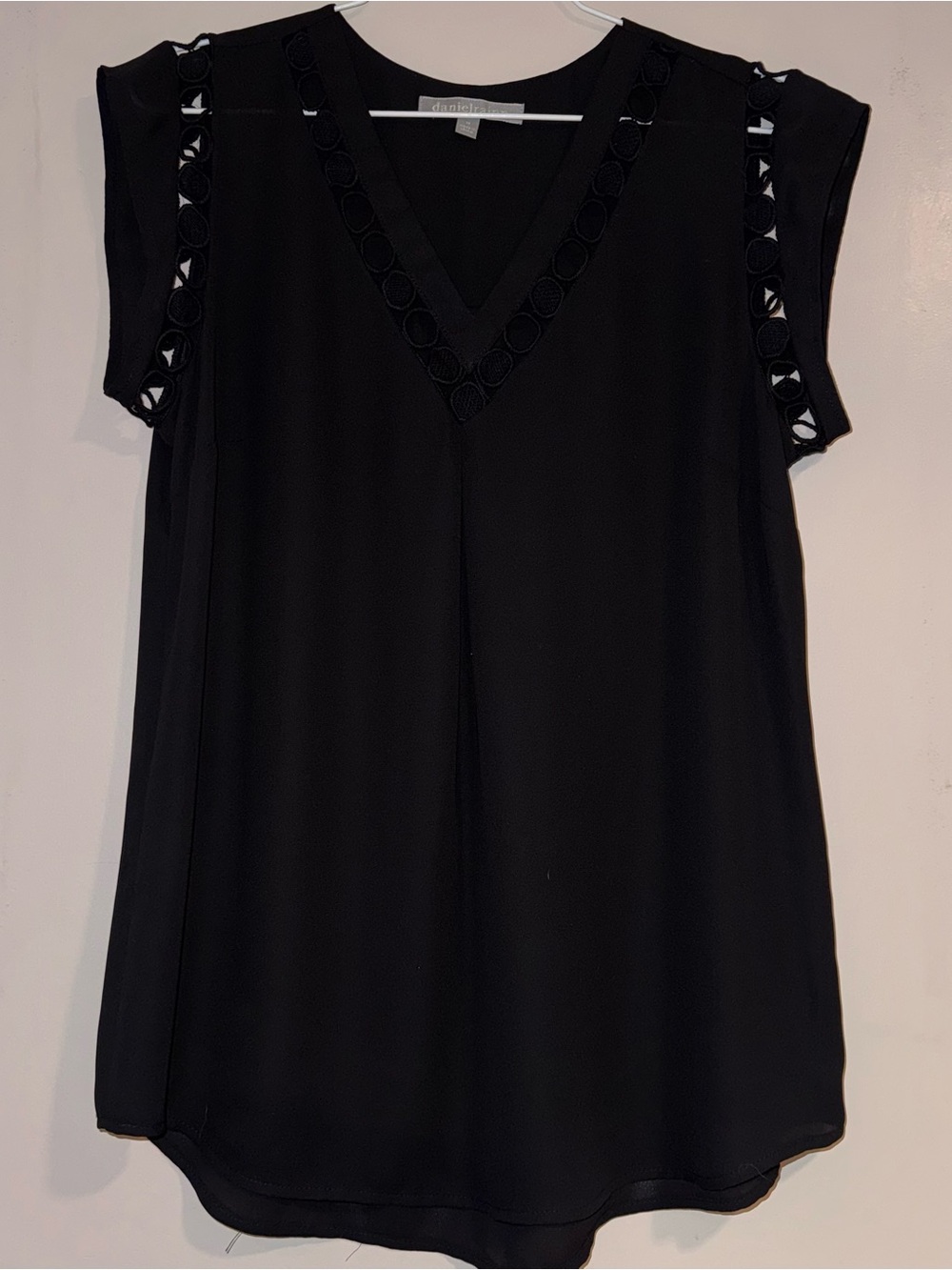 Daniel Rainn Black V-Neck Cap Sleeve Blouse with Decorative Trim